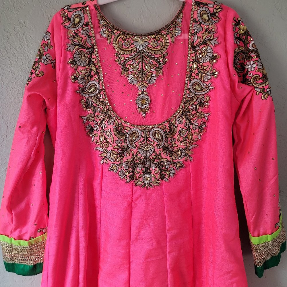 Hot Pink Gold Embellished Anarkali Suit w/ Pants and Dupatta (scarf)